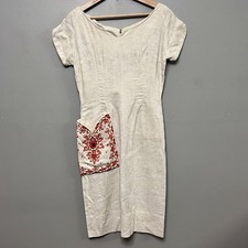 VTG 50s Embroidered Linen Dress W/ Glass Stones  Large Pocket Medium Boho Retro