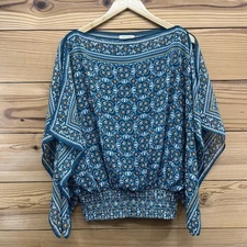 Max Studio Shirt Large Blue Poly Smocked Waist Liner Arm Slits Boat Neck B168