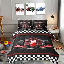 3D Red Formula Car Twin Size Bed Sets 7 Pieces,Extreme Sports Comforter Set,R...
