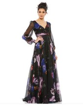 Mac Duggal Size 6 Black Floral 67872 Chiffon Long Sleeve Evening Gown Dress 598