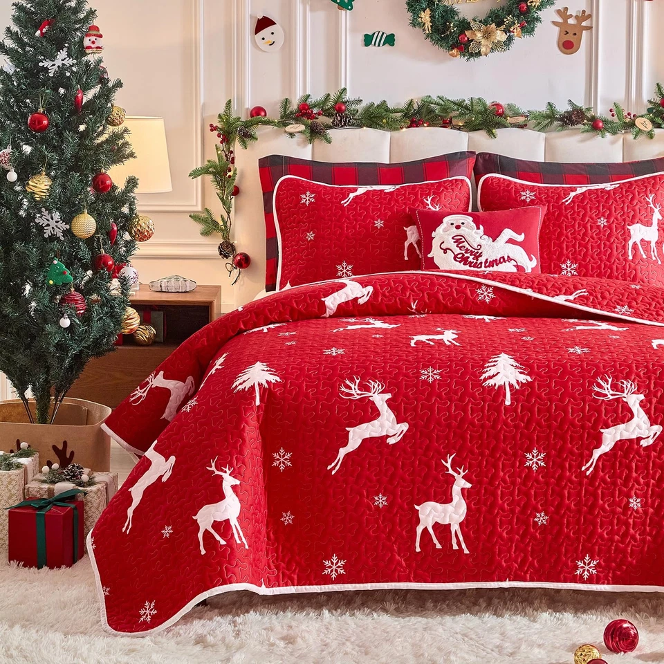Christmas Quilt Set 2 Pieces Twin Size, White Deer and Snowflake on Red Xmas ... - Image 3 of 4