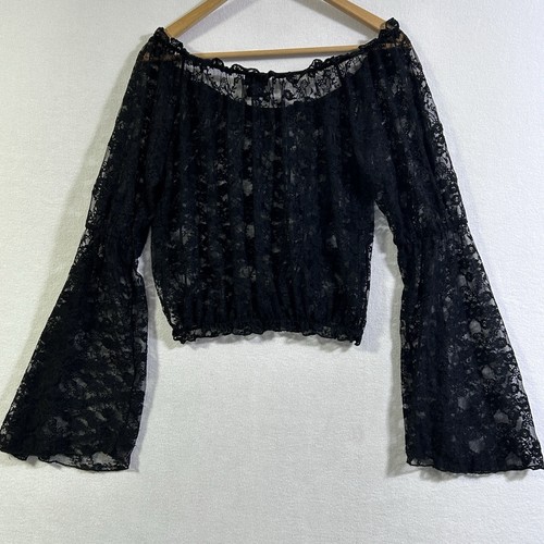 Vtg Sheer Top Black Lace Witchy Fairy Goth Whimsigoth M Y2K Bell Sleeves - Picture 2 of 10
