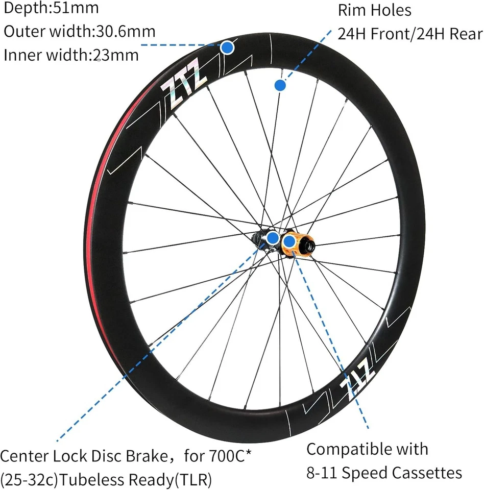 ZTZ 700C Carbon Road Bike Wheelset, Ultralight 51mm Depth 30.6mm Width DiscBrake - Image 3 of 4