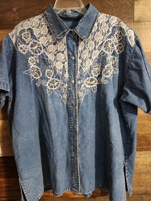 Club Z Vintage Womens Denim Button Shirt. Acid Washed Emo Beaded. Lace Sz 2x 3x