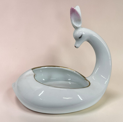 Deer Fawn Art Deco Ceramic Ashtray Trinket Dish White Gold Trim MCM Kitschy