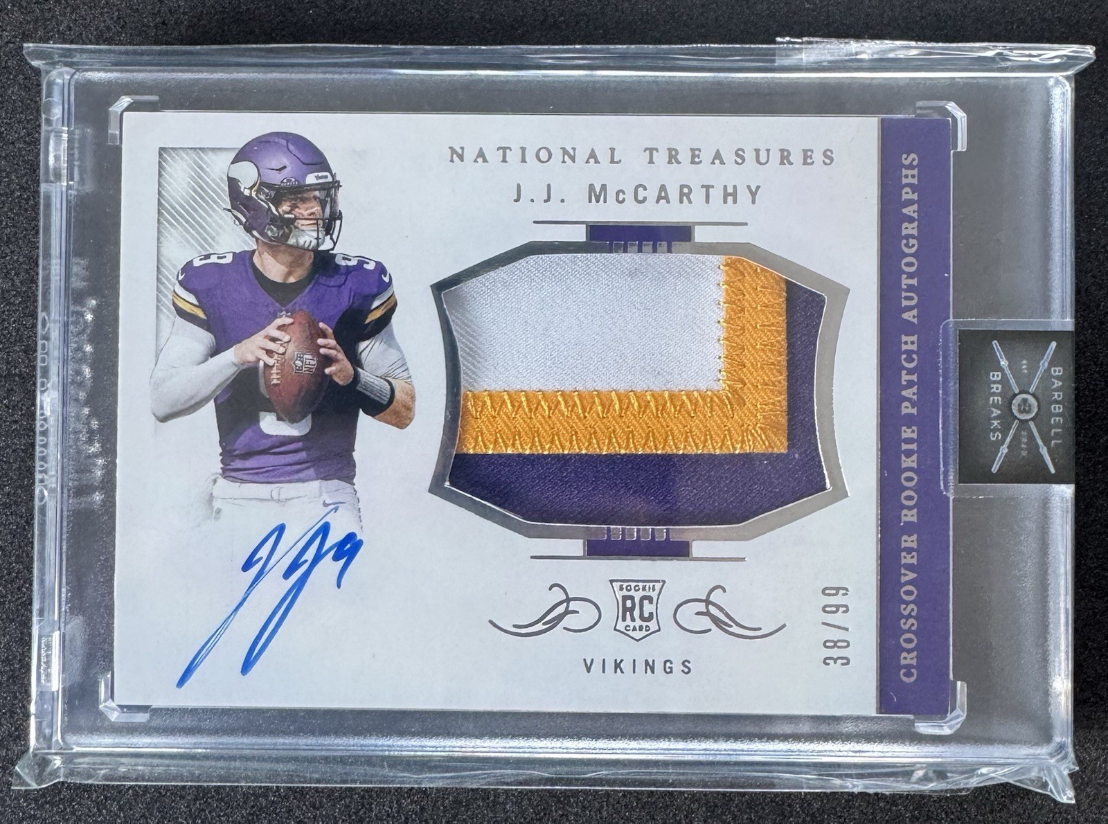 J.J. MCCARTHY 2024 NATIONAL TREASURES CROSSOVER RPA ROOKIE RC AUTO /99