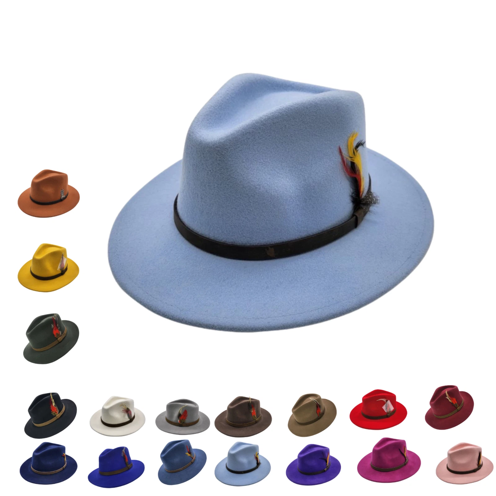 Men’s 100% Wool Felt Fedora Hat with Leather Band – Classic Wide Brim Vintage
