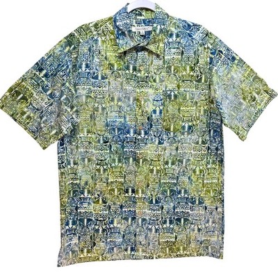 Travel Smith Mens Tiki Mask Batik Print Cotton Short Sleeve Shirt Green Blue M