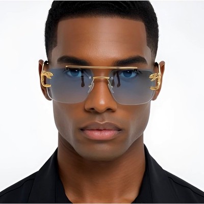 Gold Frame Green Lens Rimless Sunglasses Fashion Designer Eyewear Shades Street