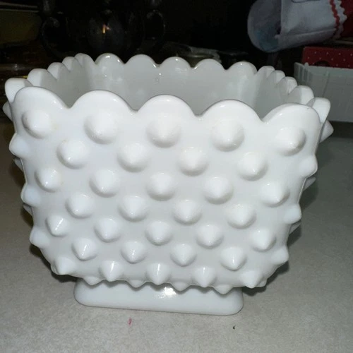 FENTON HOBNAIL MILK GLASS 4" SQUARE FOOTED PLANTER / CANDY DISH / VASE / BOWL