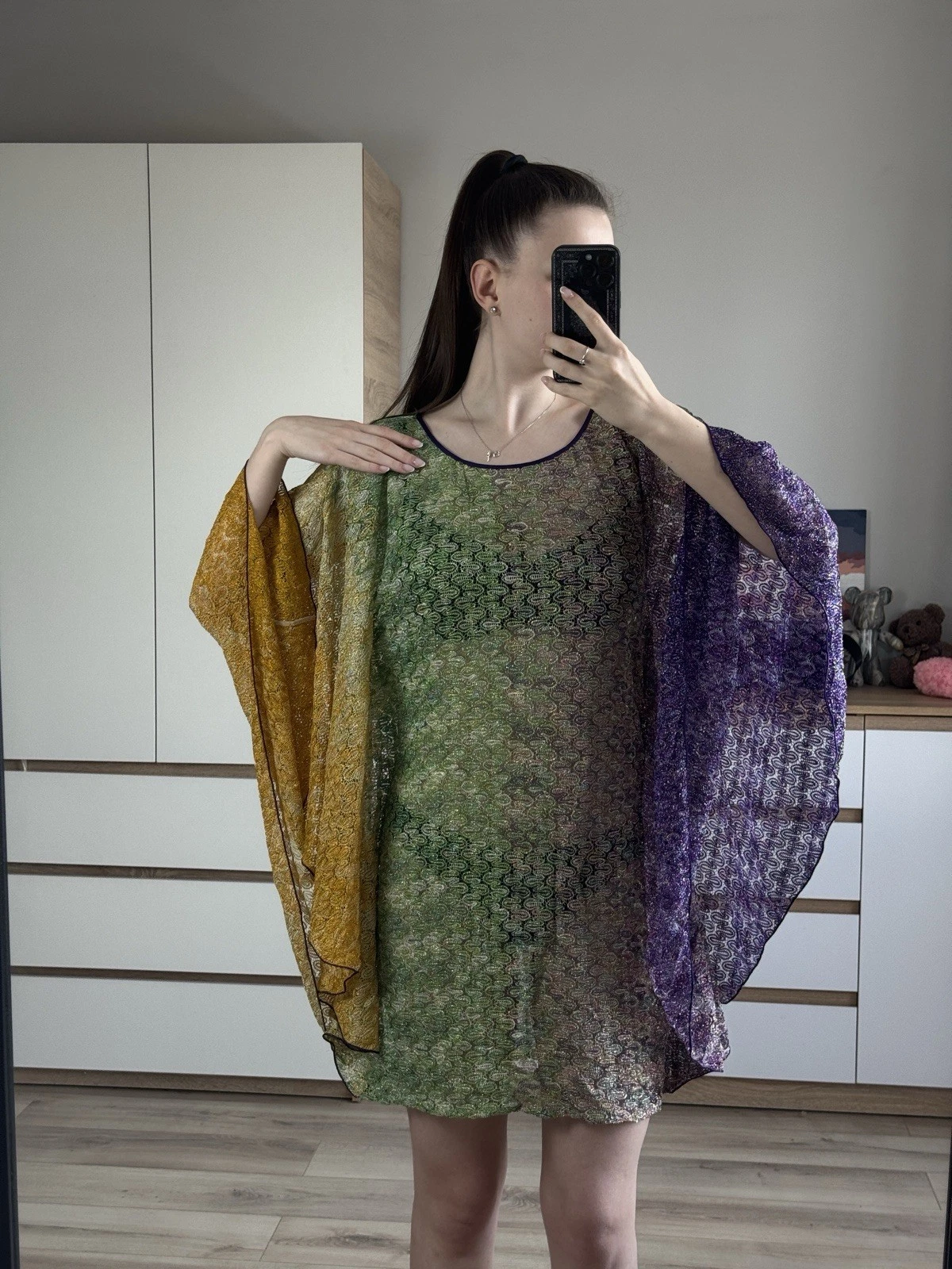 MISSONI MARE Italian Metallic Knit Pleated Beach Poncho Cover-Up