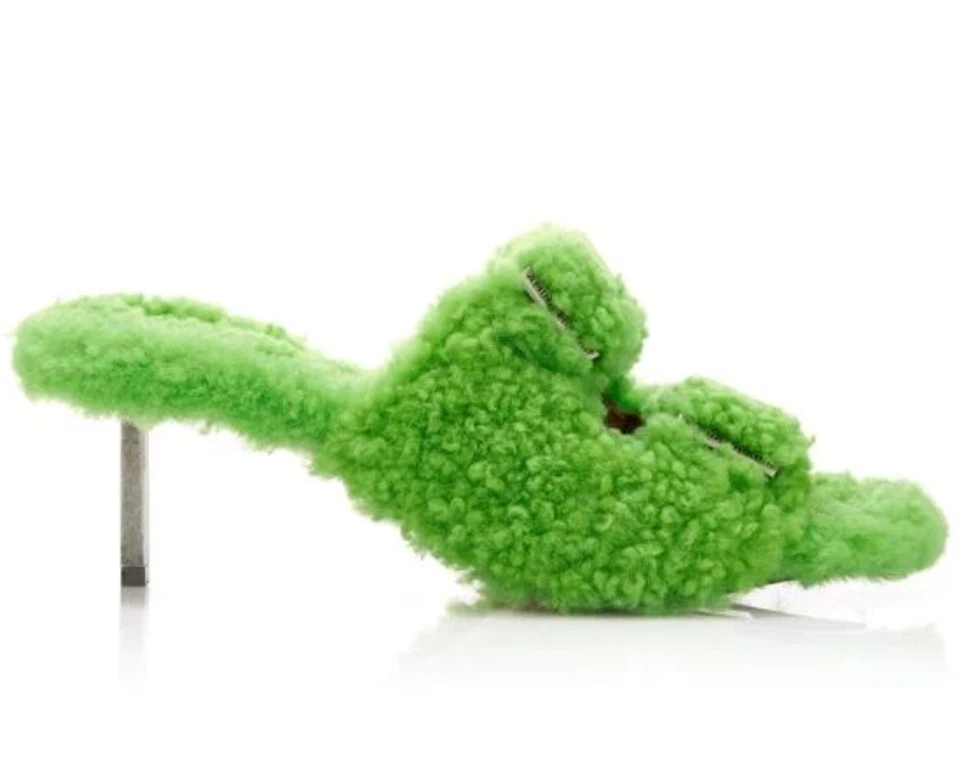 NIB Amina Muaddi Millie Green Lamb Shealing Fur Buckle Mule Pumps 38.5 8.5 $1450