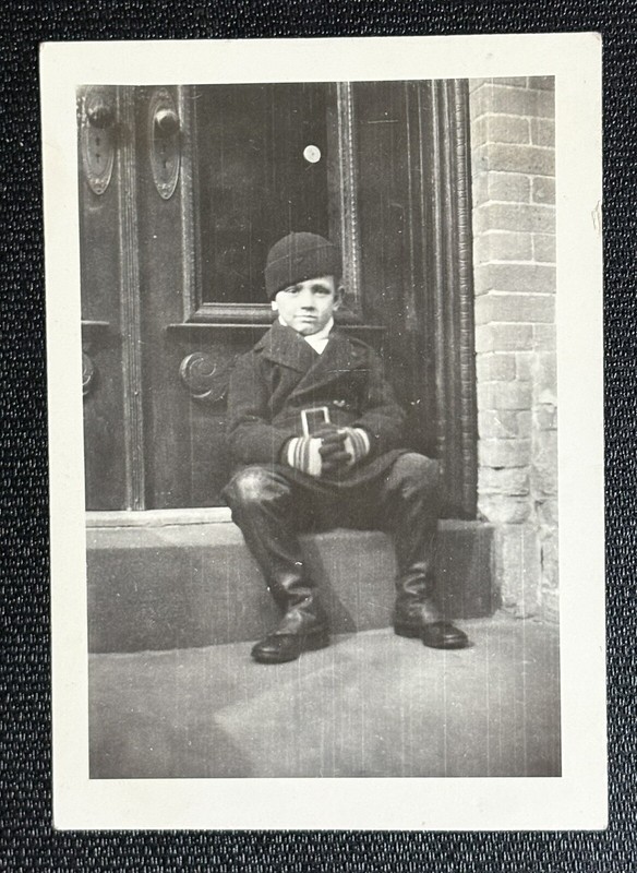Vintage Portrait Photograph Stylish Young Boy in Doorway Boots Hats Mittens 1937