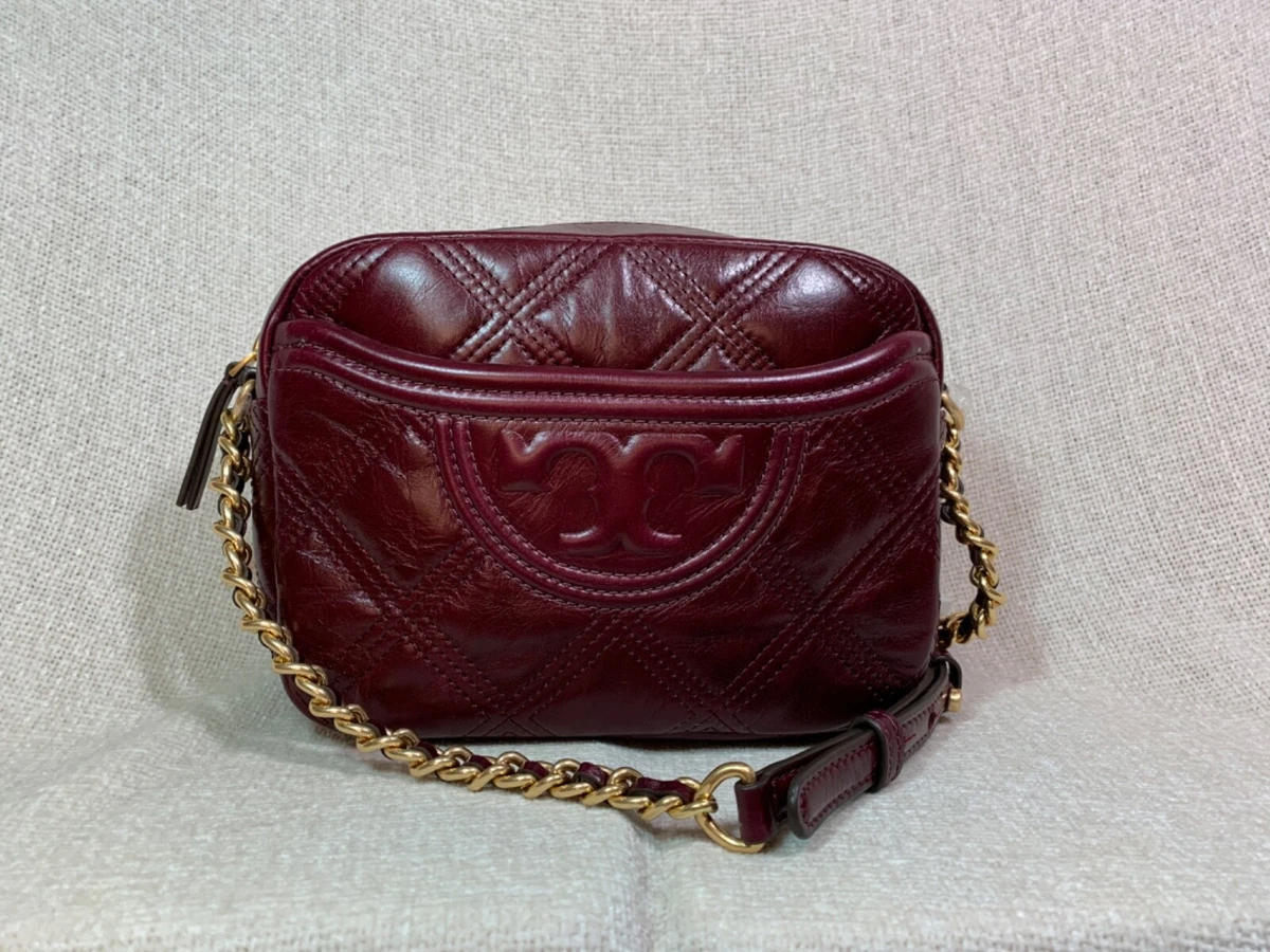 NEW Tory Burch Royal Burgundy Glazed Fleming Soft Small Camera Bag