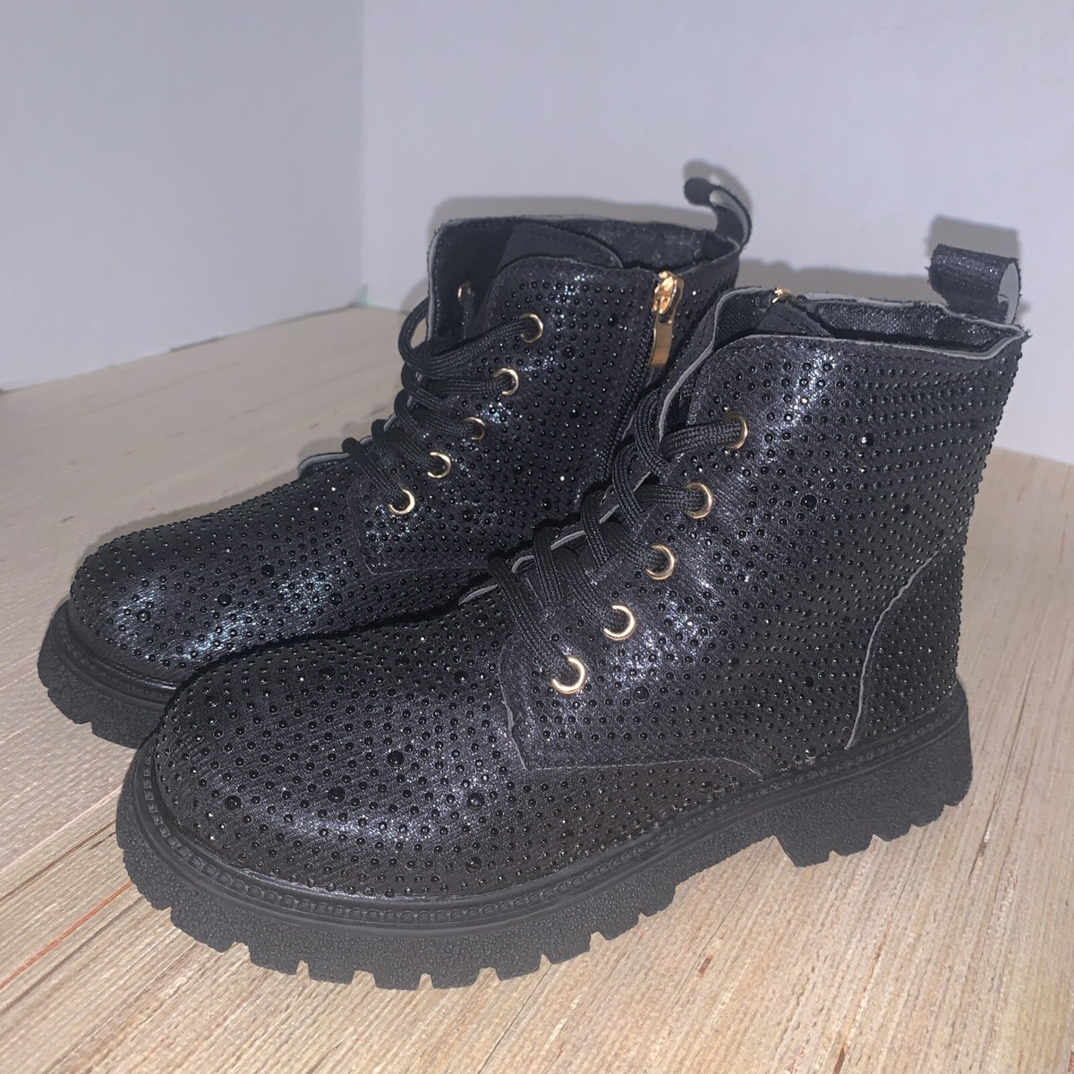 Meant To Be Combat Black Girls Size Glitter Studded Lace Up Faux Leather  Boot