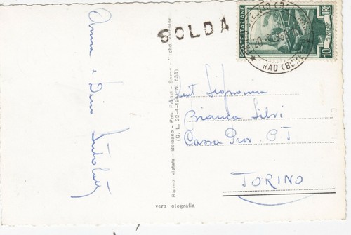 ITALY ALTO ADIGE (G63) 1943 postcard SOLDA HOTEL GAMPEN canc SOL st. to TORINO - Picture 2 of 2