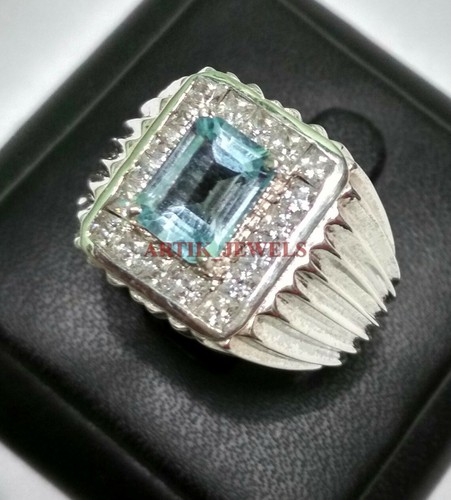 Natural Blue Topaz with 14K White Gold Plated Silver Ring for Men's #2844 - Picture 3 of 12