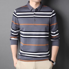 Men's Soft Stripe Business Winter Long Sleeve Polo Shirt 100 Cotton