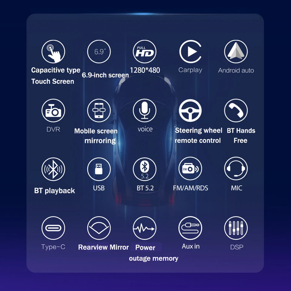 6.9in Stereo Radio Touch Screen Single Din Car Carplay Player Bluetooth USB AUX - Image 4 of 4