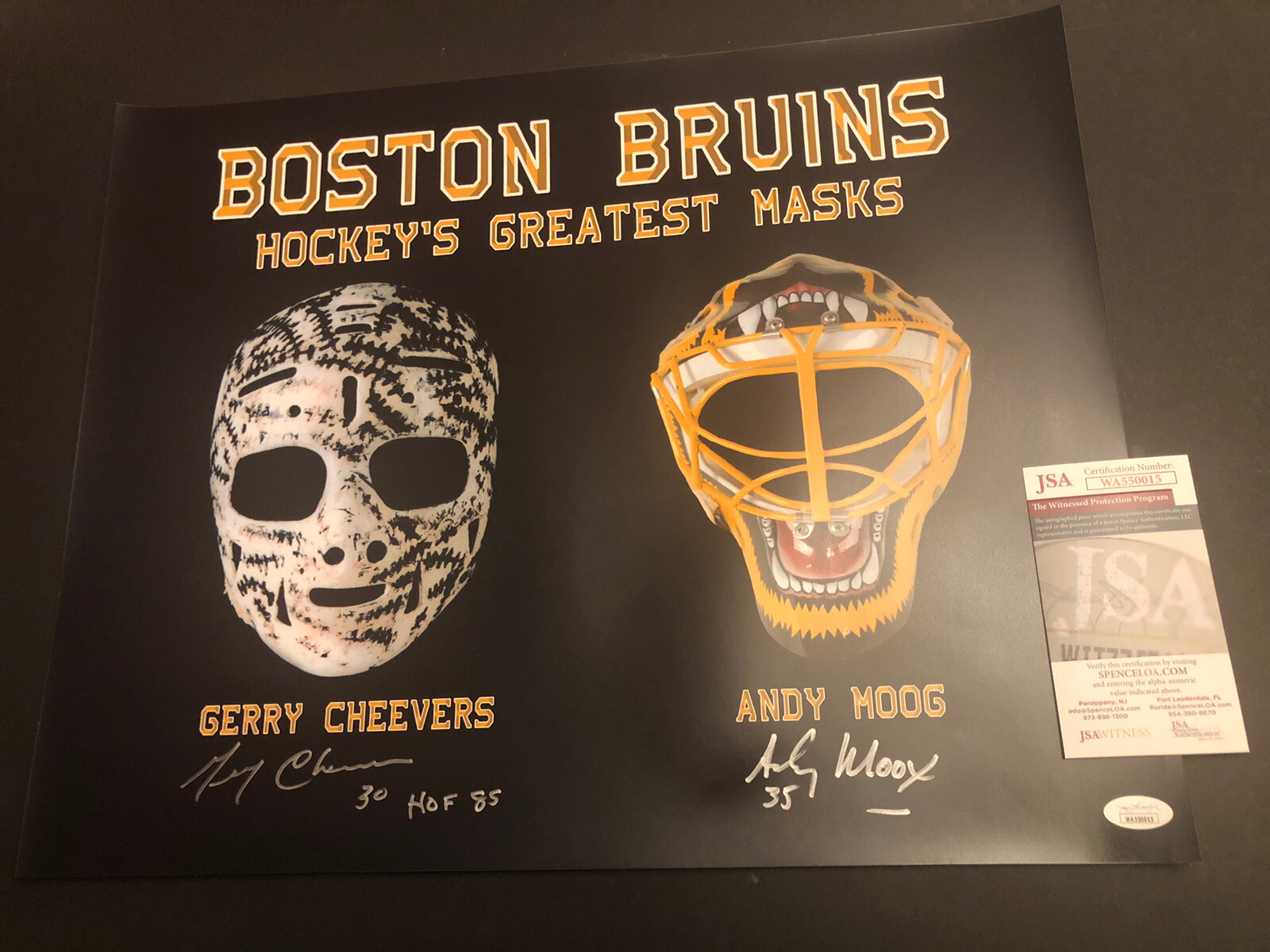 Gerry Cheevers Autographed Signed Boston Bruins JSA & ANDY MOOG 16x20 GREATEST MASKS PHOTO 015 