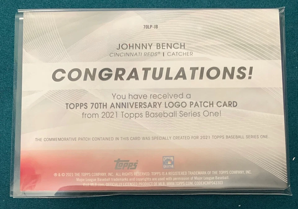 2021 Topps Series 1 Johnny Bench 70th Anniversary Relic Logo Patch 70LP-JB - Image 2 of 3