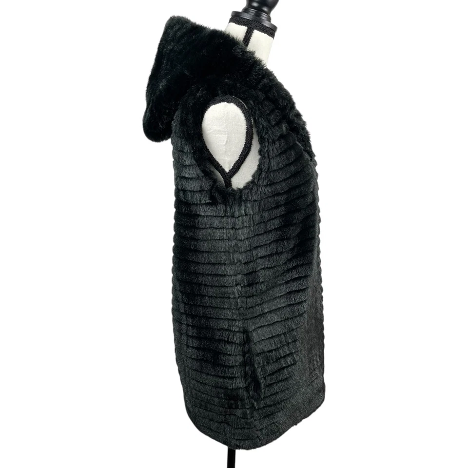 Nanette Lepore Women's Vest Size XS Black Faux Fur Hooded Sleeveless Pockets - Image 4 of 4