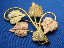Vintage Black Hills Gold Tri-Color Grape Leaf Brooch 10K Gold 1 1/2" Long