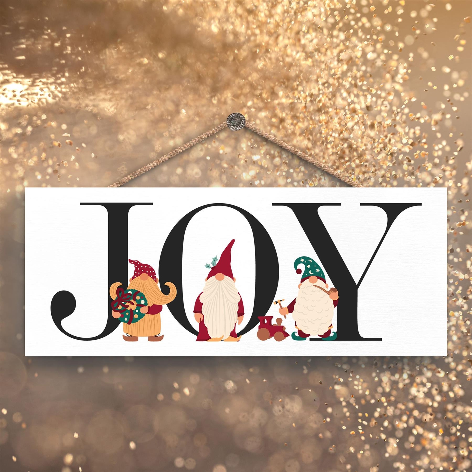 Joy Trio Of Gonks Festive Wooden Heart Plaque Christmas Decor