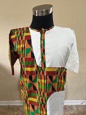 African clothing for men-Dashiki M-7X short sleeve white with kente