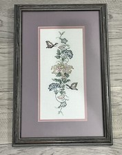 Vintage Framed Cross Stitch Butterflies  Flowers Needlepoint Art 18.25  X 12  