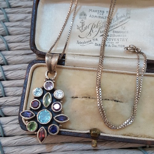 Vintage 925 Sterling Silver Necklace, Multigemstones Pendant, Silver Jewellery - Picture 2 of 6