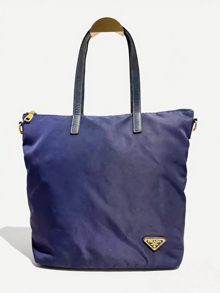 PRADA Navy Nylon Tote Bag Zip Black Leather Double Handles Gold HW Studs