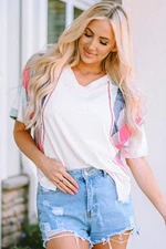 White Striped Patchwork V Neck Relaxed Fit Tee Shirt