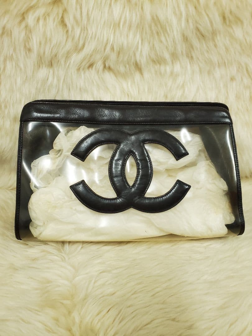 Auth CHANEL Bag Clear Clutch Women's Black Leather & Clear 30x20x9 cm thumbnail 16