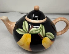 Vintage Giftcraft Hand Painted Black Pear Fruit Tea Pot With Lid No Cracks Chips
