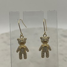 Teddy Bear Rhinestone Earrings Gold Tone Crystal Pave Drop Whimsical New Jewelry