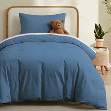 100 Washed Cotton Duvet Cover Twin Size, Denim Blue Fade-Resistant Natural B...