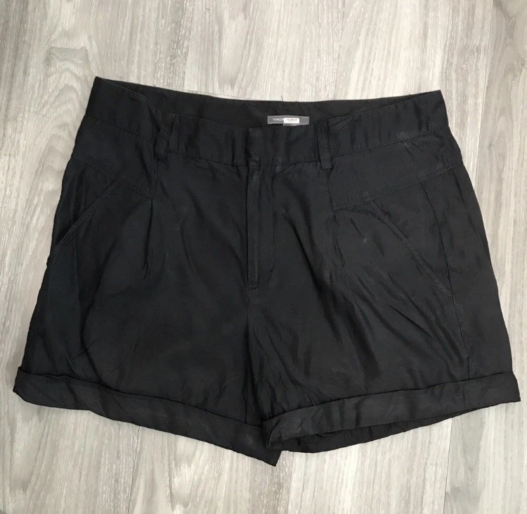 VINCE Linen Shorts Womens 10 Black Cotton Pockets Cuffed Hem Preppy