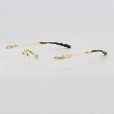 Gold Rimless Rectangle Eyeglasses w/ Cross Dagger Temple Design