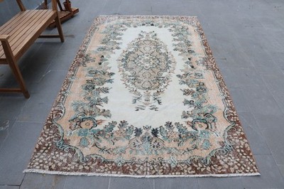 Turkish Large Rug 5,5x9,7 ft, Brown Blue Floral Rug Wool