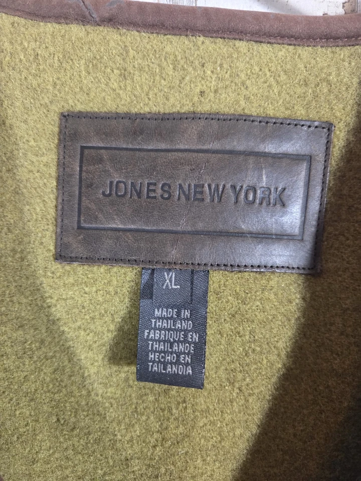 Colete masculino vintage Jones New York mistura de lã XL tweed acabamento em couro espinha de peixe - Imagem 2 de 4