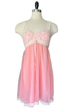 Vintage 60  s Lace Babydoll Pink Nightgown Slip Coquette Romantic Chiffon Nylon M