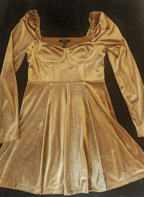 Gold Y2k Babydoll Mini Dress Velvet Fairycore Whimsigoth M Halloween Witchy Vamp