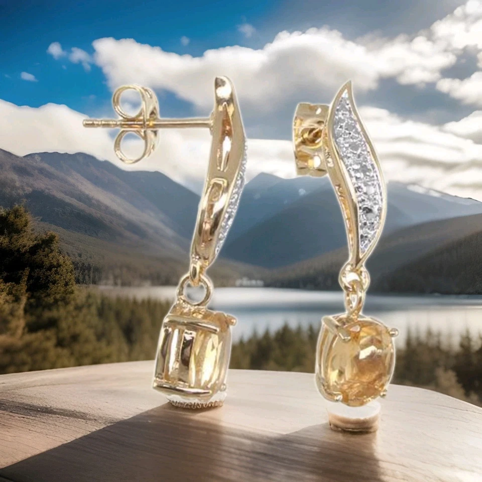 18K Yellow Gold Over Solid Sterling Silver 3.0 CTW Citrine Diamond Earrings - Image 2 of 2