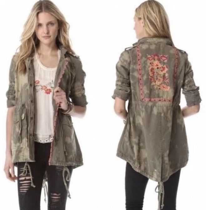 Free People FESTIVAL ANORAK Chaqueta con Capucha Militar Boho Bordada Floral-Talla 0 Foto 3 de 4