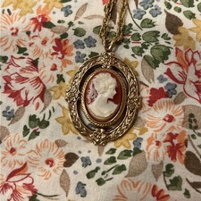 Vintage Red Cameo On Gold Tone Necklace