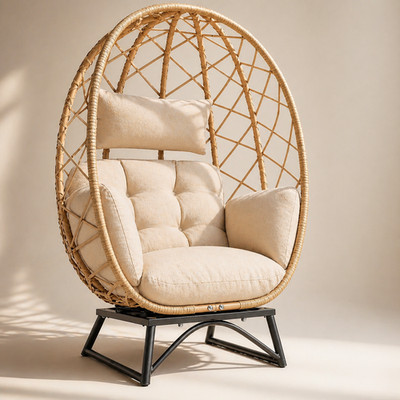 Oversized Wicker Egg Chair with Cushion Outdoor/Indoor Hanging Style - Beige