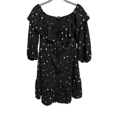 Forever 21 Black Metallic Gold Polka Dot Button Up Mini Dress Coquette Size M
