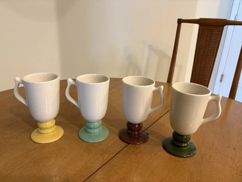 4 Hall Pottery Vtg Pedestal Footed Irish Coffee Mugs