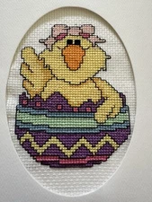 COMPLETED FINISHED CROSS STITCH CARD “EASTER  EGG CHICK 2”